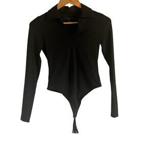 NWT House of Harlow 1960 Black Ribbed Long Sleeve Collared Bodysuit, XS